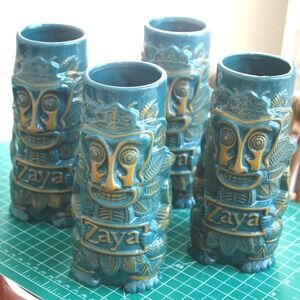 Tiki Mugs Set of 4 Teal Gold Ceramic Hummingbird Tropical Barware 7in
